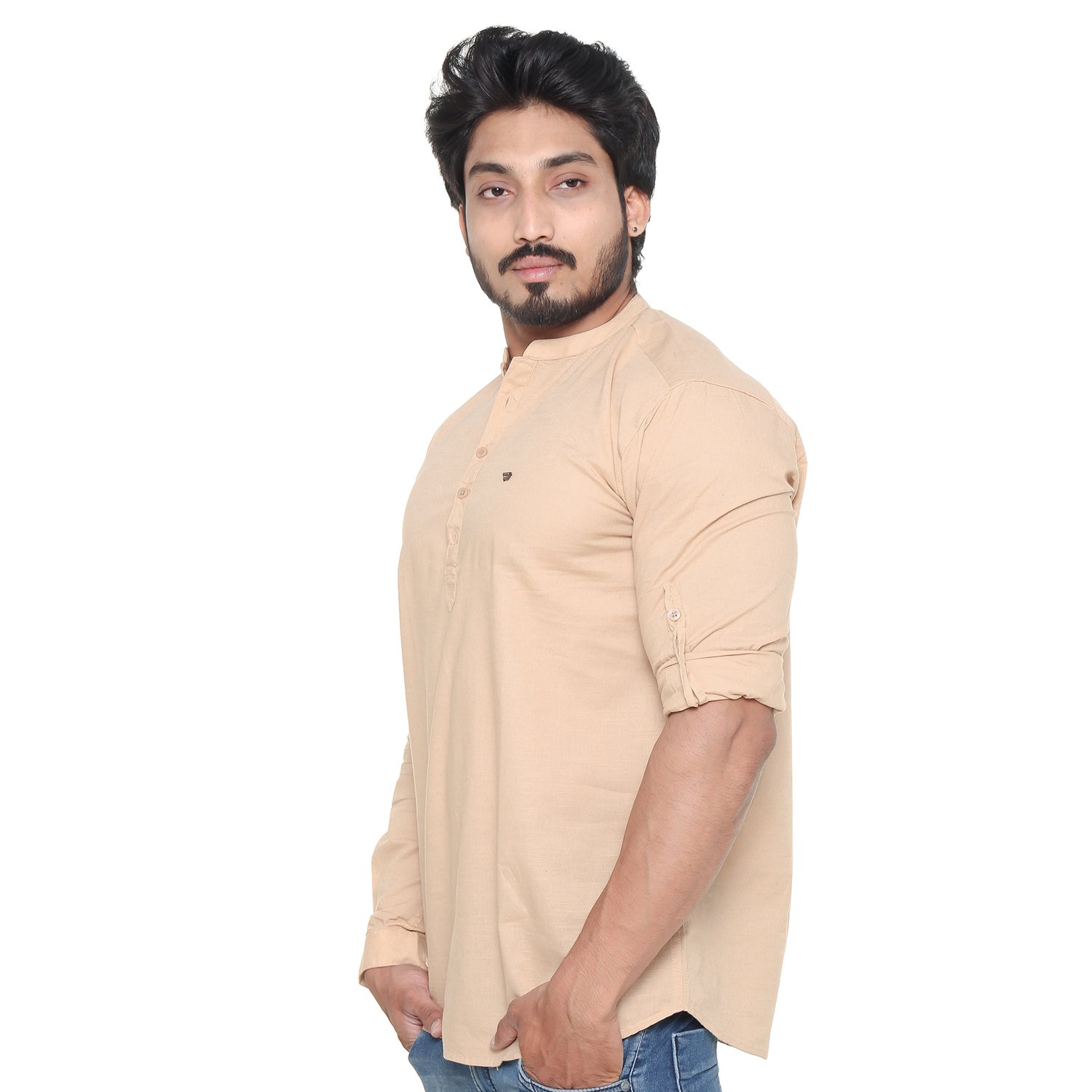 twist men's linen chinese collar short kurta shirt