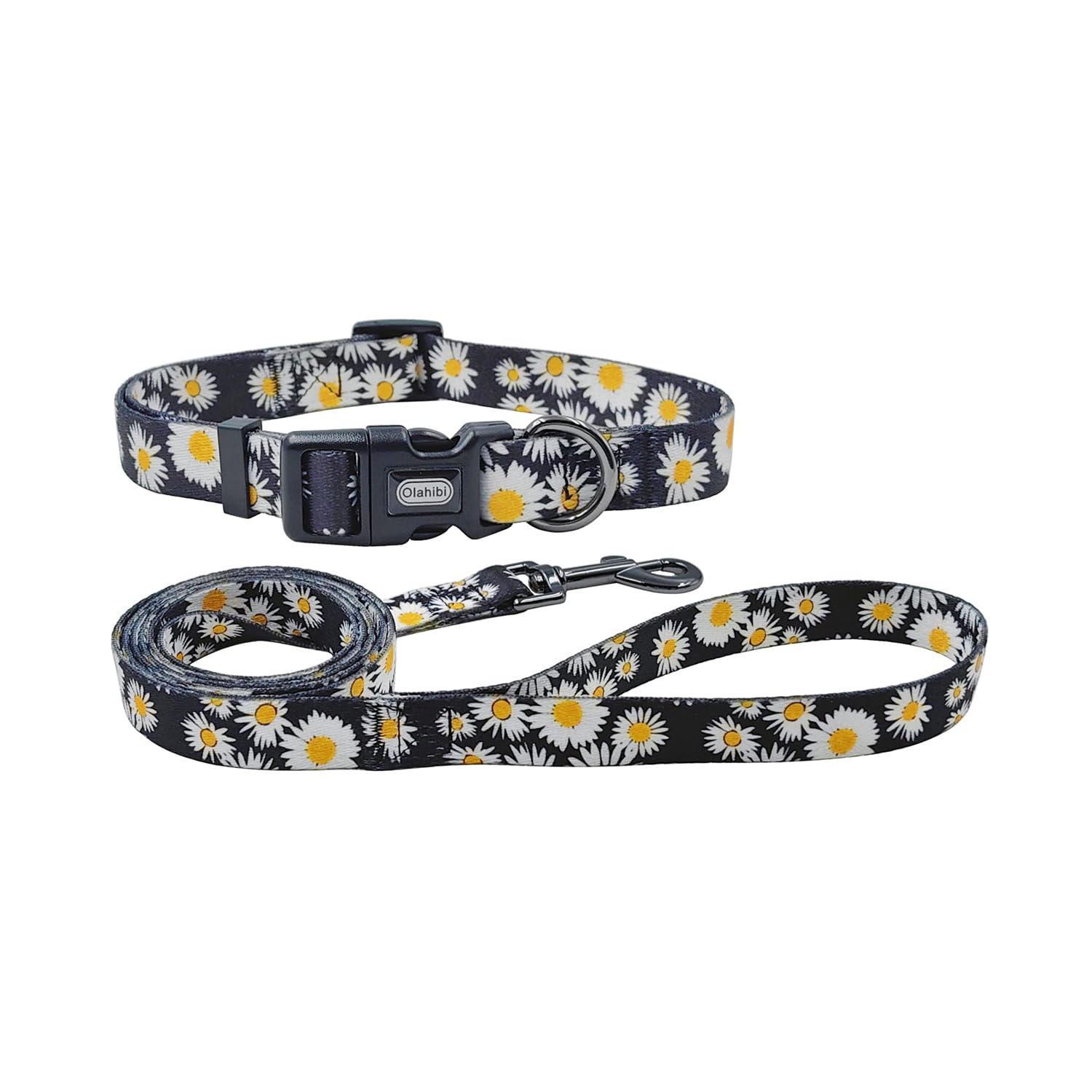 Olahibi Daisy Pattern Dog Collar and Leash Set,Durable Polyester Collar and 150CM Matching Lead for Small Dogs.(S, Black Daisy)