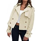Tankaneo Womens Cropped Trench Coat Oversized Double Breasted Lapel Long Sleeve Short Jacket Fashion Outerwear