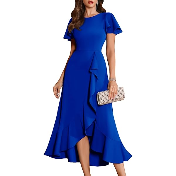 Amazon.com: QMZ Wedding Guest Dresses for Women Have Pockets Cocktail Dress  Ruffle Sleeve A Line Evening Party Formal Dresses for Women-Bright red-S :  Clothing, Shoes & Jewelry