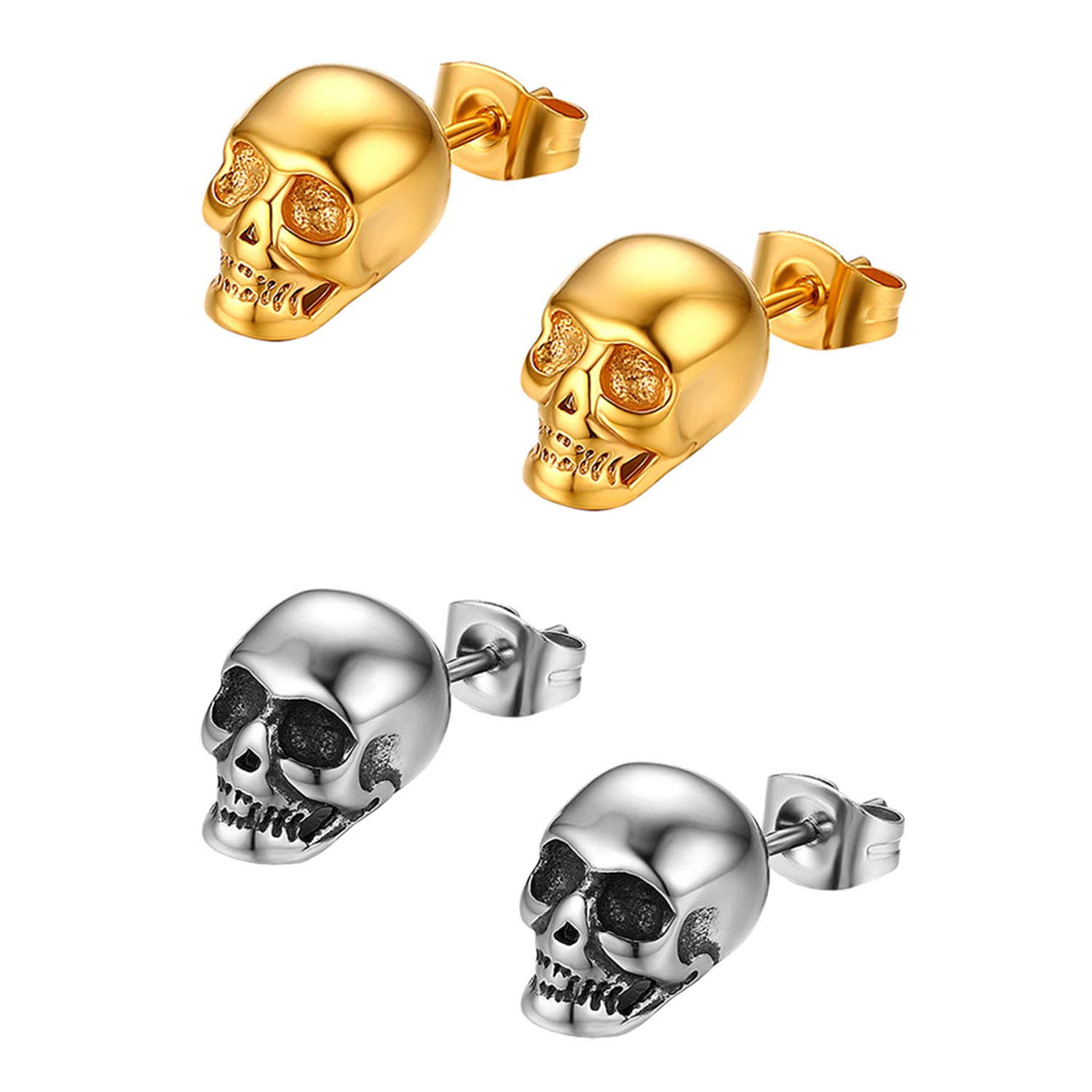 2 Pairs Punk Stainless Steel Stud Skull Earrings,Cupimatch Mens Silver Black Rock Ear Piercing Earrings (Gold Silver) for Halloween