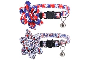 Lamphyface American Flag Cat Collar with Bell Sunflower Star Adjustable 4th of July Breakaway Cat Kitten Collars for Independence Day