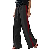 Charfille Women's Casual Pants Drawstring Leopard Print Color Block Side Striped Straight Leg Wide Leg Loose Pants (3-Black red, X-Large)