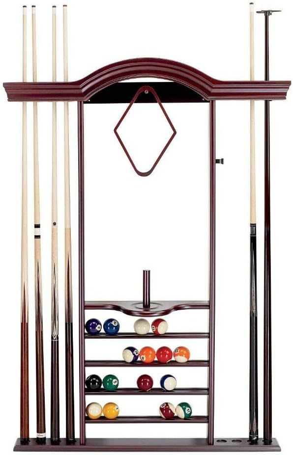 7 Cue Pool Billiards Wall Rack w/Bridge Clip Mahogany