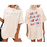 Christian Tshirts for Women God is Within Her Oversized Jesus Tee Tops Bible Verse Religious Inspirational Graphic Shirts