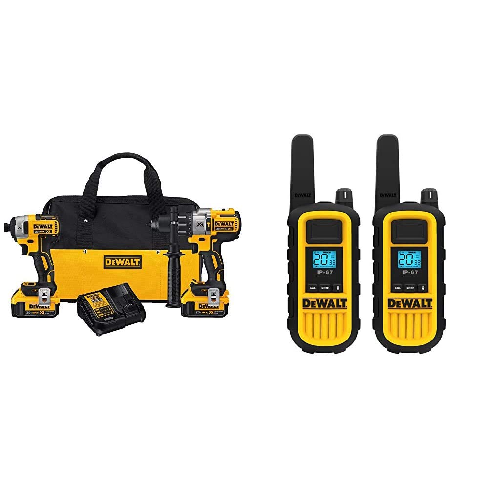 DEWALT 20V MAX XR Brushless Impact Driver and Hammer Drill Combo Kit, Premium 4.0Ah with 2 Watt Heavy Duty Walkie Talkies, 2 Pack (DCK299M2 & DXFRS800)