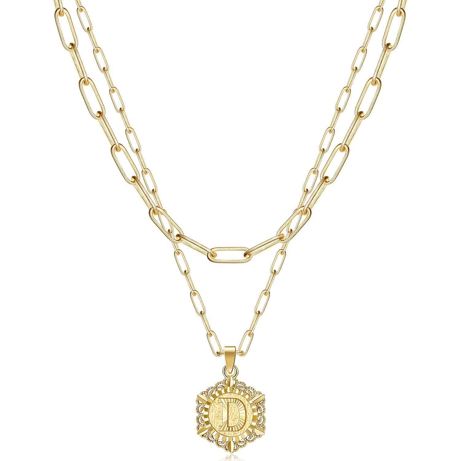 KissYan Initial Necklaces for Women, 14K Gold Plated Hexagon Letter Pendant Silver Chain Dainty Layered White Gold Paperclip Link Adjustable Capital A-Z Choker Necklace Trendy Jewelry Gifts