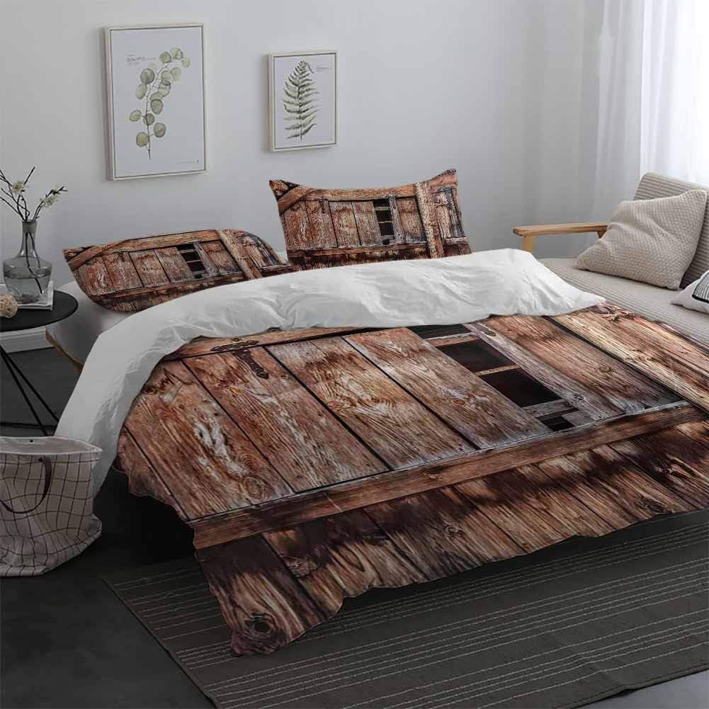 Rustic Sheet Set Microfiber Bedding Abandoned Damaged Oak Barn Door with Iron Hinges and Lateral Cracks Knock Theme 100% Washed Microfiber Pale Rosewood Queen