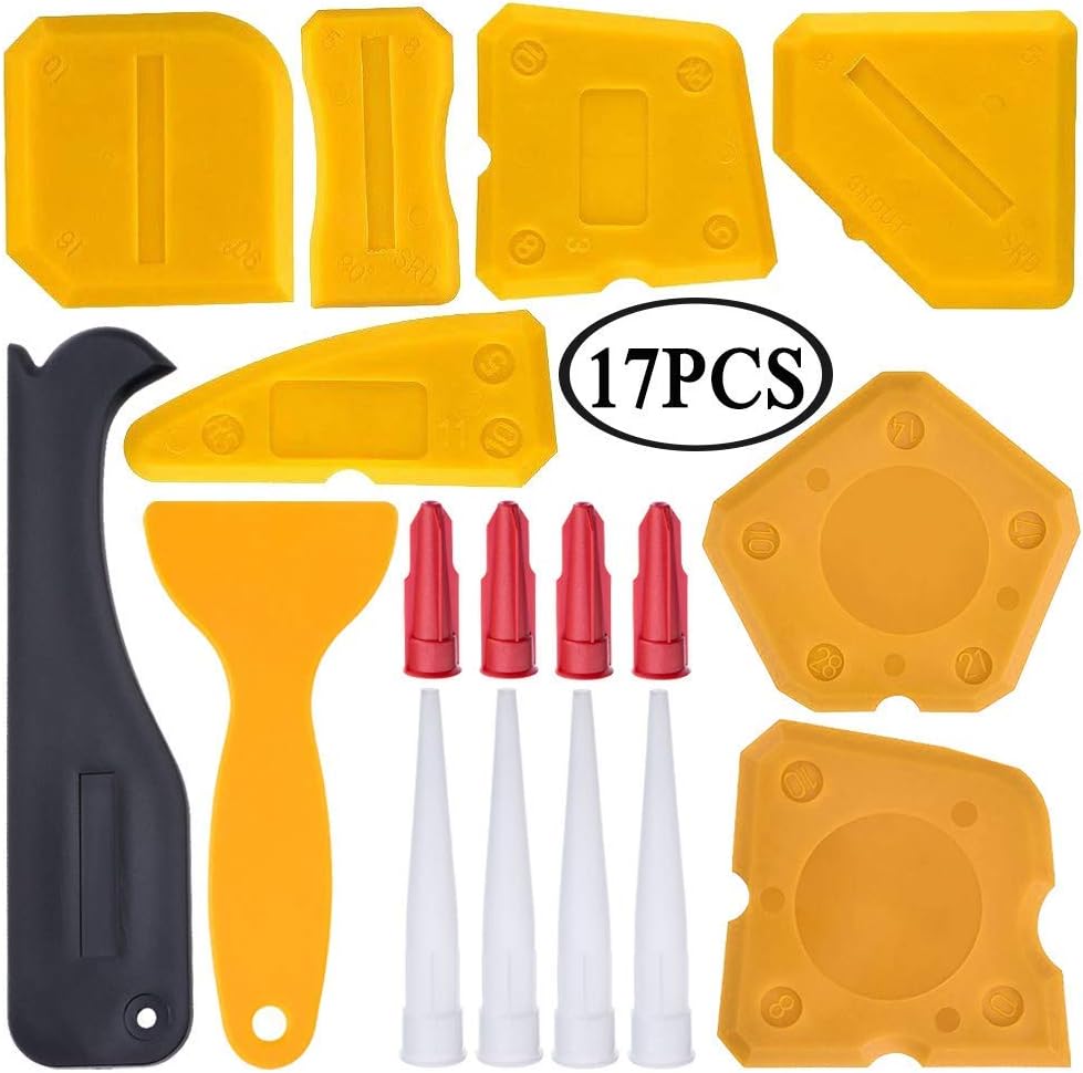 17 Pcs Caulking Tool Kit Bathroom Shower Caulk Removal Scraper Grout Caulk Nozzle and Caulk Caps (Yellow)