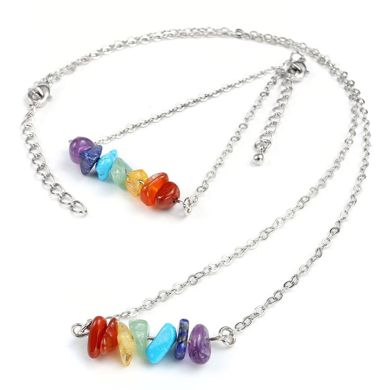 Jovivi 2PCS/Set Pendentif Collier Réglable 7 Chakras Pierres Barre Horizonta + Bracelet Barre Poignet Lien Perles Pierre Precieuse Tibétain Chaîne de Main