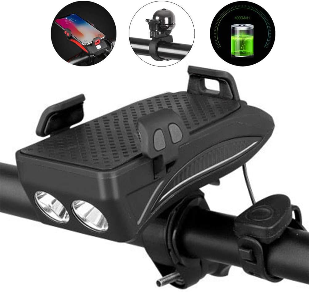 Bike Front Light Set 4 In 1 Usb Rechargeable 5 Brightness Modes Options Waterproof Front Bike Light 130 Decibel 4000mah Bicycle Lights Set Cellphone Power Bank Bicycle Mobile Phone Holder Mount