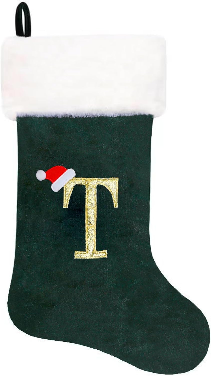 Stockings & Holders - Eoocan 20 Inches Monogram Christmas Stockings Green Velvet with White Super Soft Plush Cuff Embroidered Xmas Stocking Classic Personalized Stocking Decoration for Family Holiday Season Decor(Letter T)