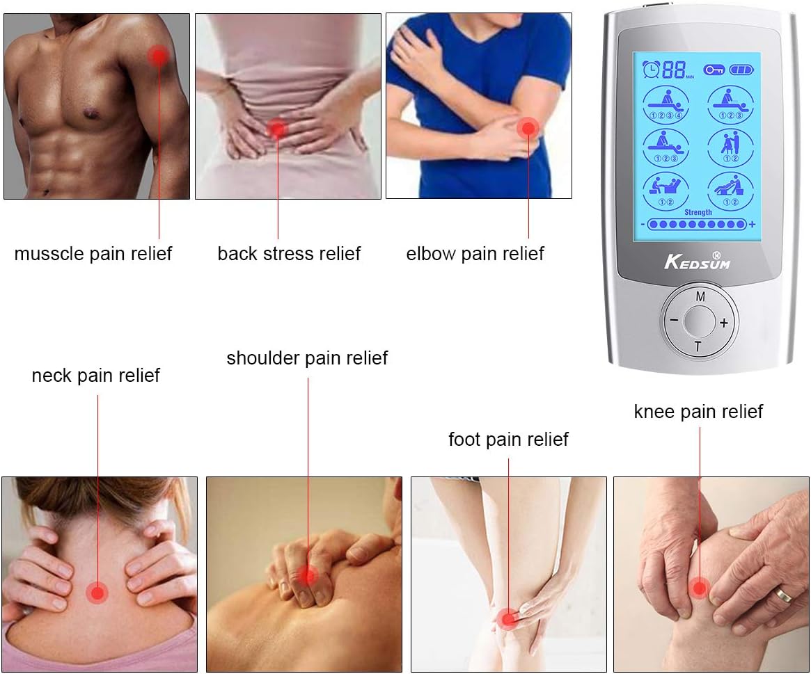 KEDSUM Rechargeable Tens Unit Muscle Stimulator, 3rd Gen Pain Relief 16 Modes Machine Electric Pulse Impulse Mini Massager with 8 Pads, 2 Electrode Wires and a 4-1 Electrode Wire: Health & Personal Care
