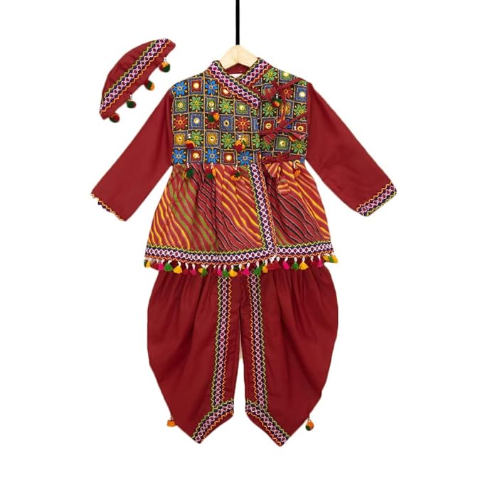 BownBee By Hopscotch Boys Cotton Embroidery Laheriya Print Kedia Dhoti in Red Color