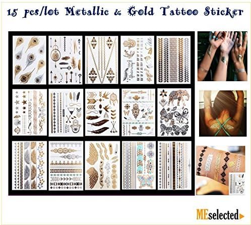 15 desings lot METALLIC GOLD TEMPORARY TATTOOS waterprof body art Flash Henna removable