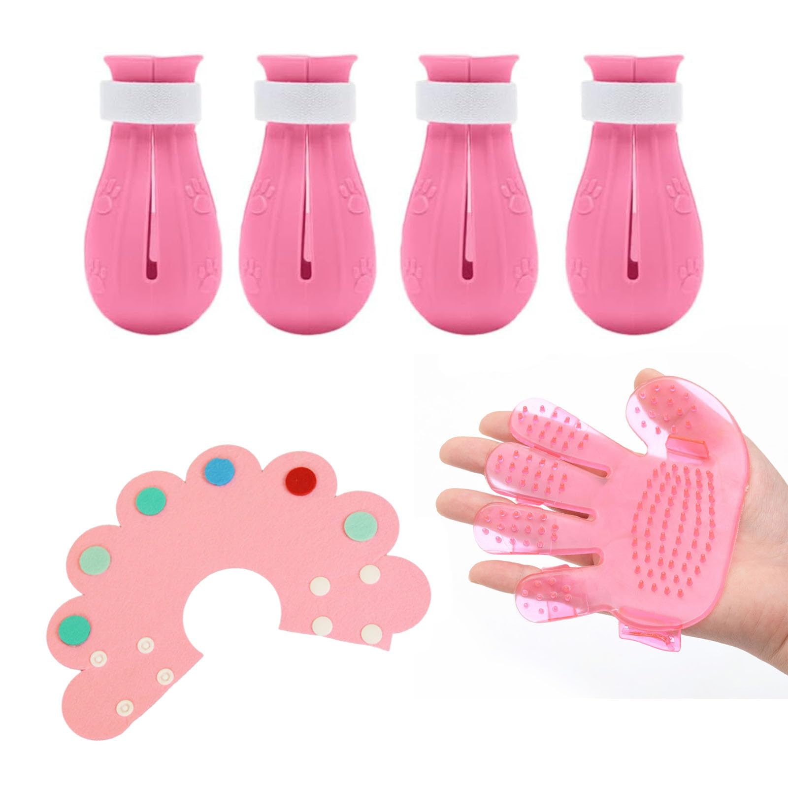 6pcs Cat Bath Supplies, 4 Cat Claw Covers, 1 Sunflower Headgear, 1 Five Finger Pet Bath Brush, with Adjustable Strap, Anti-Scratch Cat Bathing Kit, for Cat Grooming, Bathing (Pink)