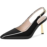 Joseywade Slingback Heels Women's Gold Heels Closed Square Toe Stiletto High Heel Pumps Metal Buckle Dress Shoes 3 Inch for Work Office Casual Party Wedding Patent Black US Size 10