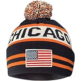 Cayyon US Flag City Football Embroidery Classic Pom Cuff Chicago Beanie Hat Cuffed Winter Soft Beanie Knit Pom Hat Cap Blue