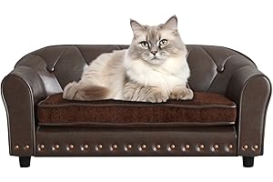Yoonnie room PU Leather Dog Sofa and Chair with Copper Nail - Wooden Frame Cat Sofa Bed with Suede Cushion for Small Dog (Brown)