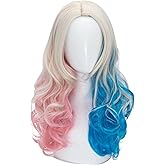 FALAMKA Curly Blonde Wig Cosplay for Women Long Middle Part Blue and Pink Wigs Costume Halloween