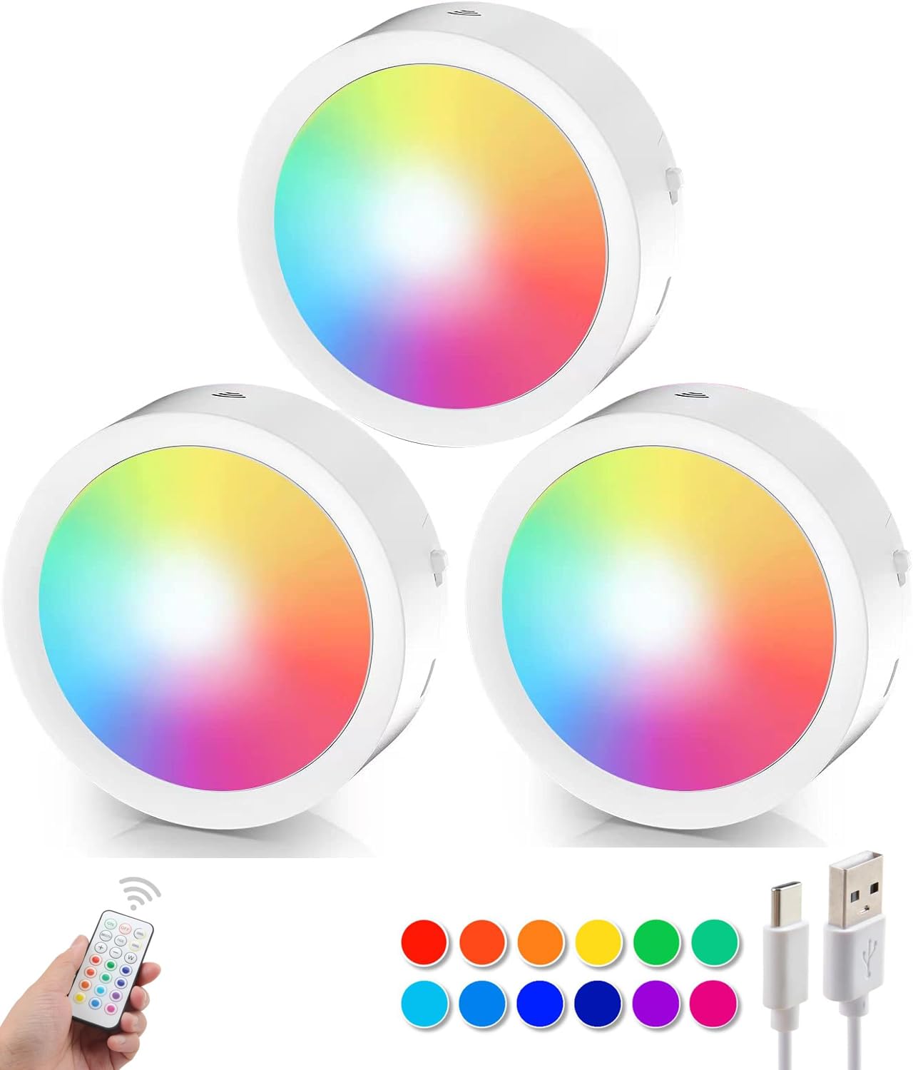 ALTUY Rechargeable Push Lights USB with Remote, RGB Changeable Tap Light Dimmable Puck Lights Stick On Closet Lights Wireless LED Touch Lighting for Under Cabinet, Bedroom Closet or Classroom 3 Pack