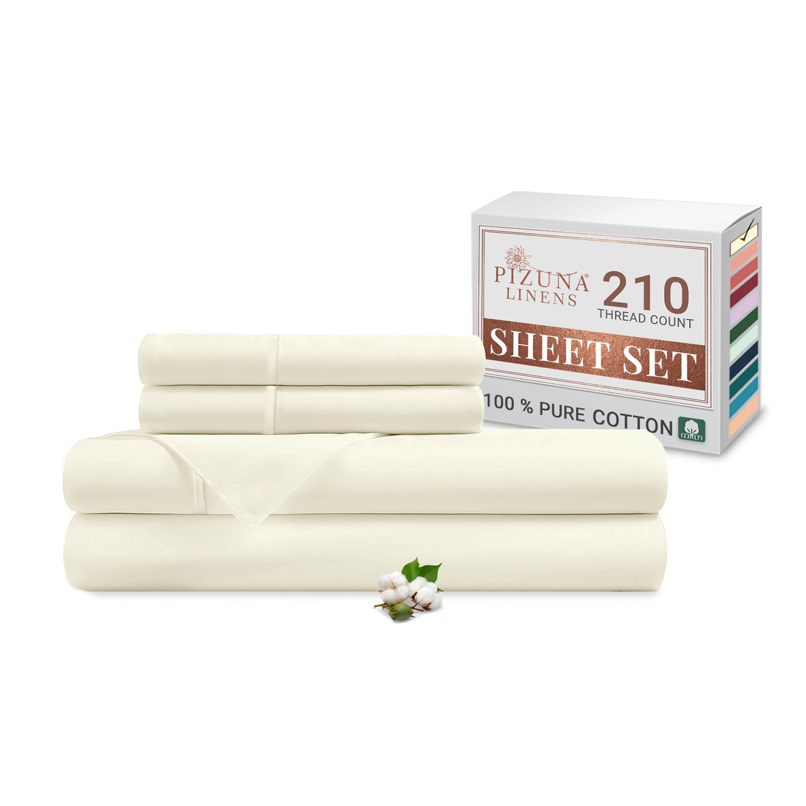 Pizuna Cotton Percale King Size Sheet Set Ivory, 100% Long Staple Combed Cotton Bedding Set 275x280 cm, Soft Sateen 4 PC King Bed Sheet Set -Fitted Sheet, Flat Sheet & 2 Pillowcases