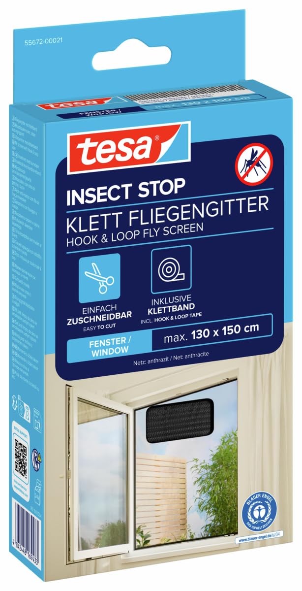 tesa Insect Stop Standard Fliegengitter für Fenster - Insektenschutz zuschneidbar - Mückenschutz ohne Bohren - 1 x Fliegen Netz - 130 cm x 150 cm - Anthrazit