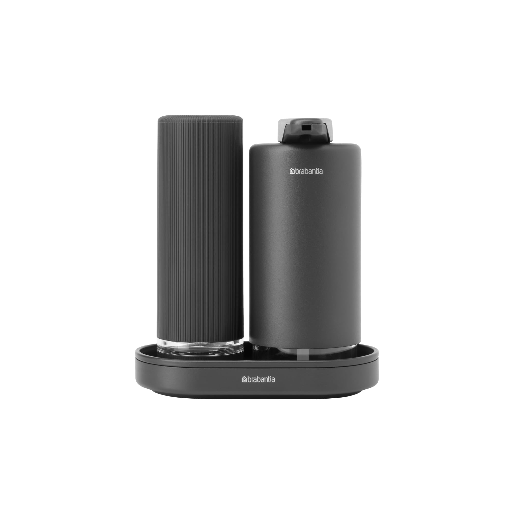 Brabantia - SinkStyle Soap Dispenser Set with 2 Stylish Dispensers for Hand and Dish Soap, Textured Tray, and Soap Squeezer – Mineral Infinite Grey, 2 x 200 ml