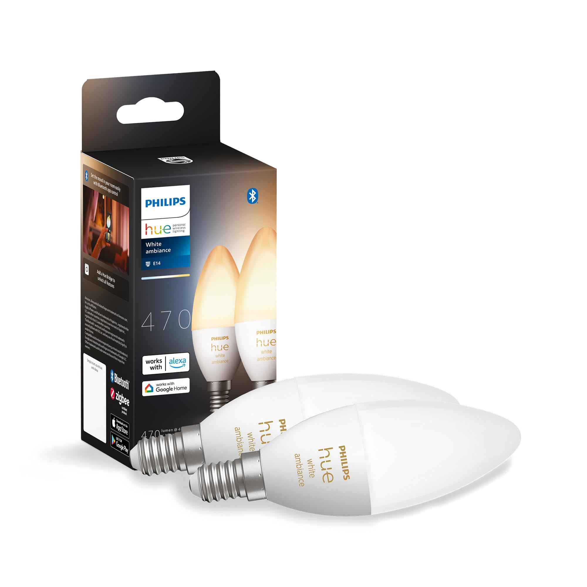 Philips Hue New White Ambiance Smart Light Bulb 2 Pack [E14 Small Edison Screw] Works with Alexa, Google Assistant and Apple Homekit. for Indoor Home Lighting, Livingroom and Bedroom.