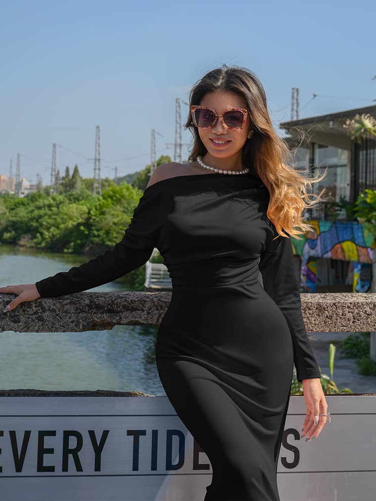 YMDUCH Women's Sexy Elegant Long Sleeve Off Shoulder Bodycon Long Evening Formal Dress