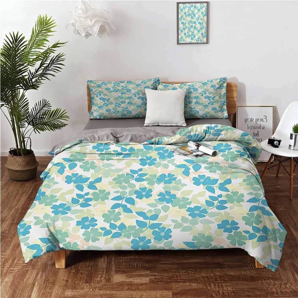 Flower Cover Set Flowers Leaves Vintage Style Classic Nostalgia Summertime Art 1Comforter Cover and 2 Pillow Shams Ultra Soft Microfiber Bedding - Full 80"x90" Almond Green Pale Yellow Blue