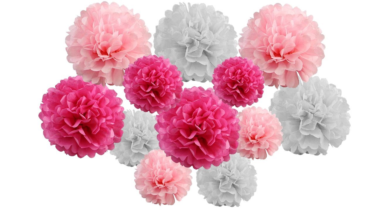 pack of 12 Pack Mixed Tissue Paper Pompom Pom Pom Hanging Garland Wedding Party Decorations (Hot Candy Pink Shade, mix 6" & 10" (15 cm & 25 cm))