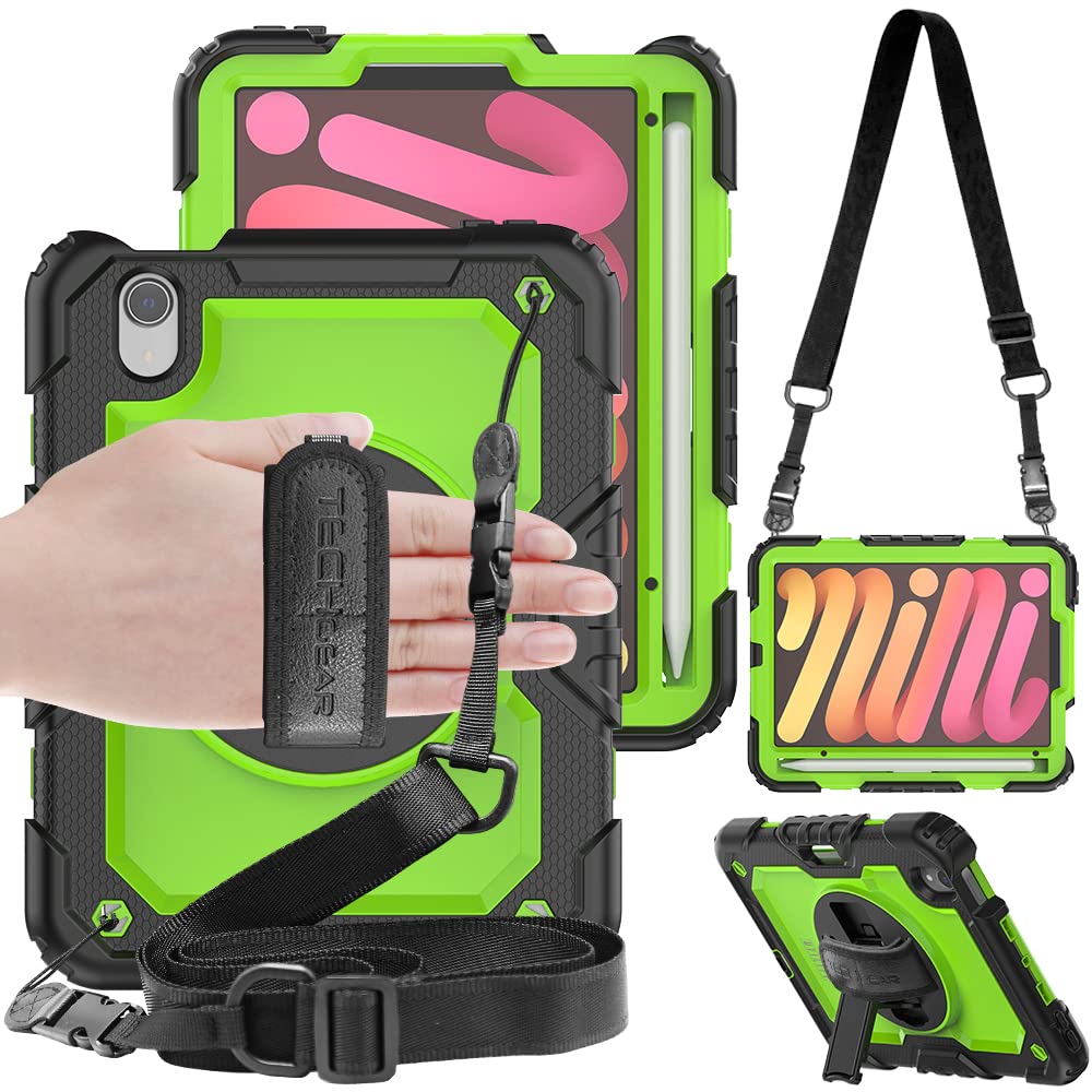 TECHGEAR UTILITY Case for iPad Mini 7/6, 8.3" - Tough Rugged HEAVY DUTY Armour Shockproof Case with 360 Rotating Stand, Hand and Shoulder Strap - Green