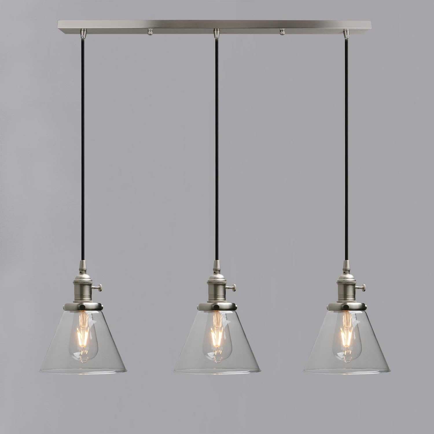 Phansthy Industrial Pendant Light Fitting with Switch, 3 Light Hanging Lamp with Clear Glass Shade - Image 3