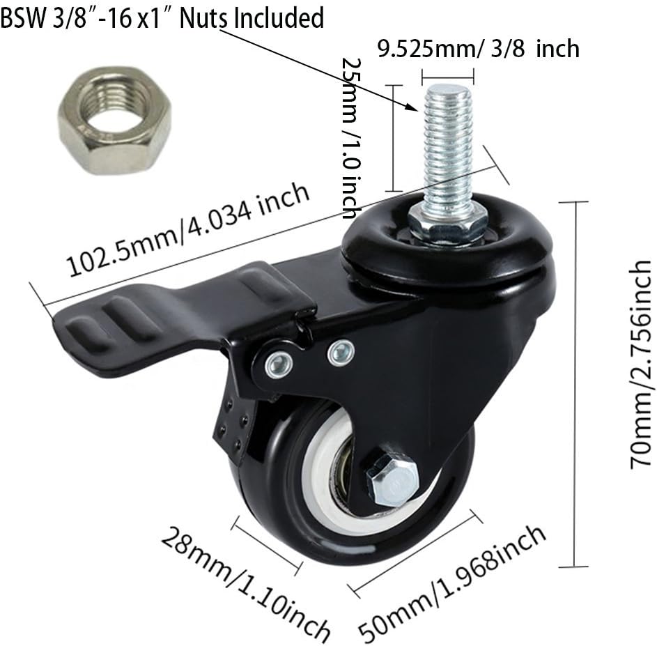 DICASAL 2" Stem Casters, Heavy Duty Swivel Stem Casters PU Foam Quite Mute No Noise Castors Markless Wheels Double Bearings and Locks Loading 300 Lbs Pack of 4 with Brake Black: Automotive