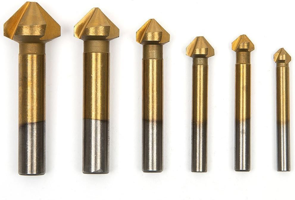 Wazaza 6pcs HSS Countersink Drill Bit Set 90 Degree 3 Flute, Countersink Bits, Titanium Chamfer Cutter Mill Drill Bits: 6.3mm, 8.3mm, 10.4mm, 12.4mm, 16.5mm, 20.5mm
