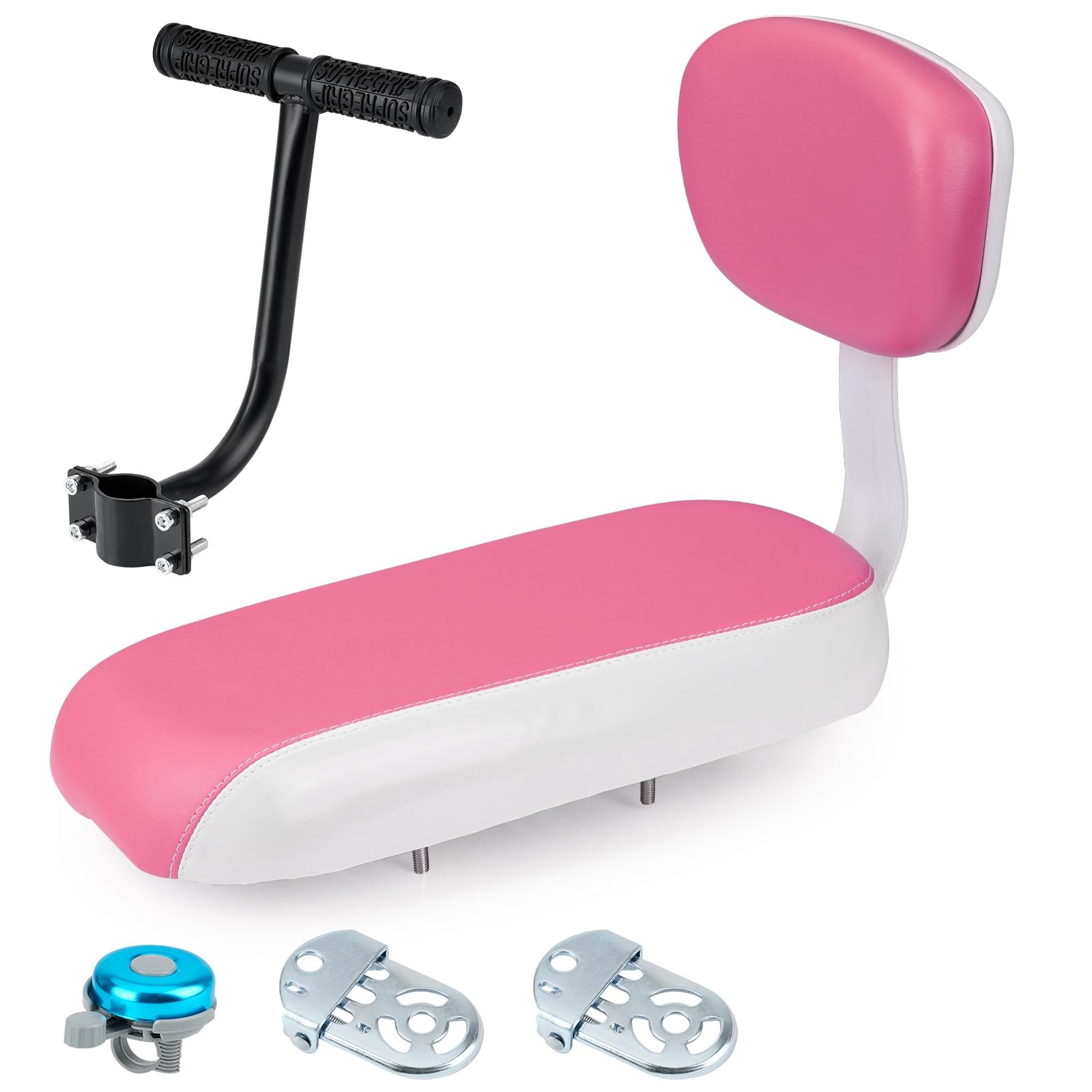 Photo 1 of ZHOUWHJJ Bicycle Rear Seat Cushion Armrest Footrest Set, Kid Child Carrier Bicycle Baby Seat, Including Cushion and Backrest, Armrest Handrail, Footrests, Bell, Pink