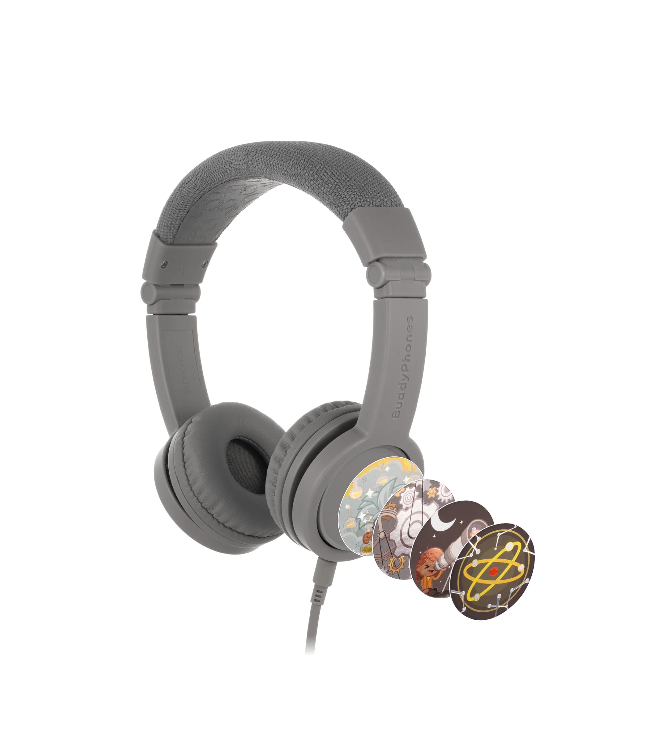 BuddyPhones Explore+, Volume-Limiting Kids Headphones, Foldable and Durable, Built-in Audio Sharing Cable with in-Line Mic, Grey Matter