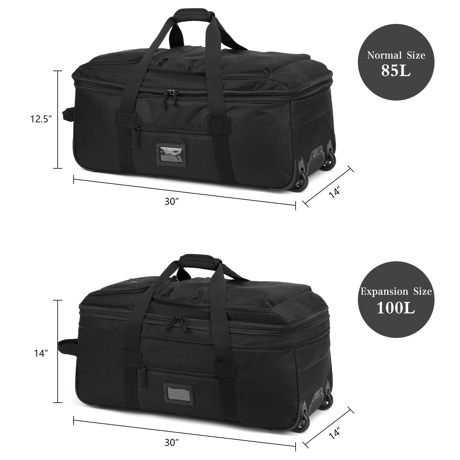 TAIHOYIN Faltbare Reisetasche mit Rollen Groß 85-100L Erweiterbare Handgepäck Tasche Duffel Bag Rolltasche Reise mit Rädern und Mehreren Taschen Packbar für Camping Urlaub 30''/76cm, Schwarz 7