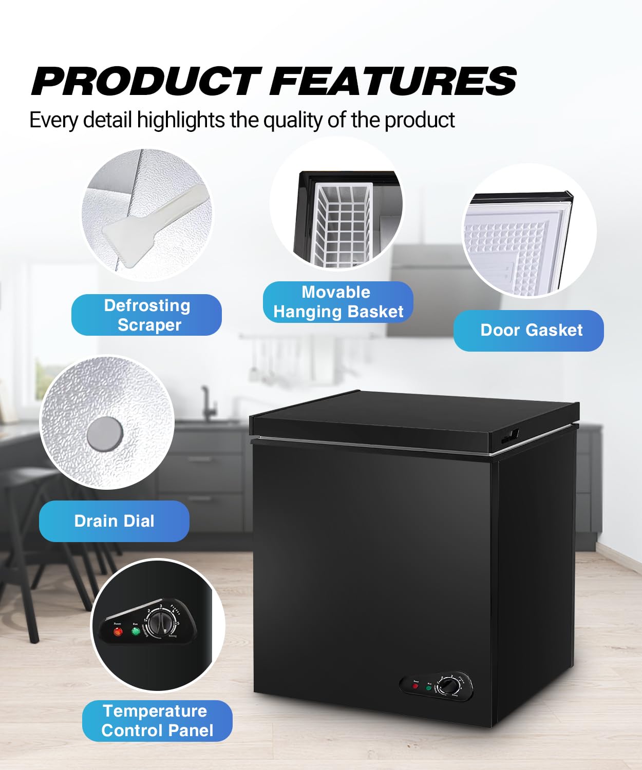 Deep Freezer 3.5 Cu.Ft, Chest Freezer with Removable Basket, Small Freezer with 6 Levels Adjustable Temperature, Quiet Mini Freezer for Home/Kitchen/Office/Garage/Bar (Black)