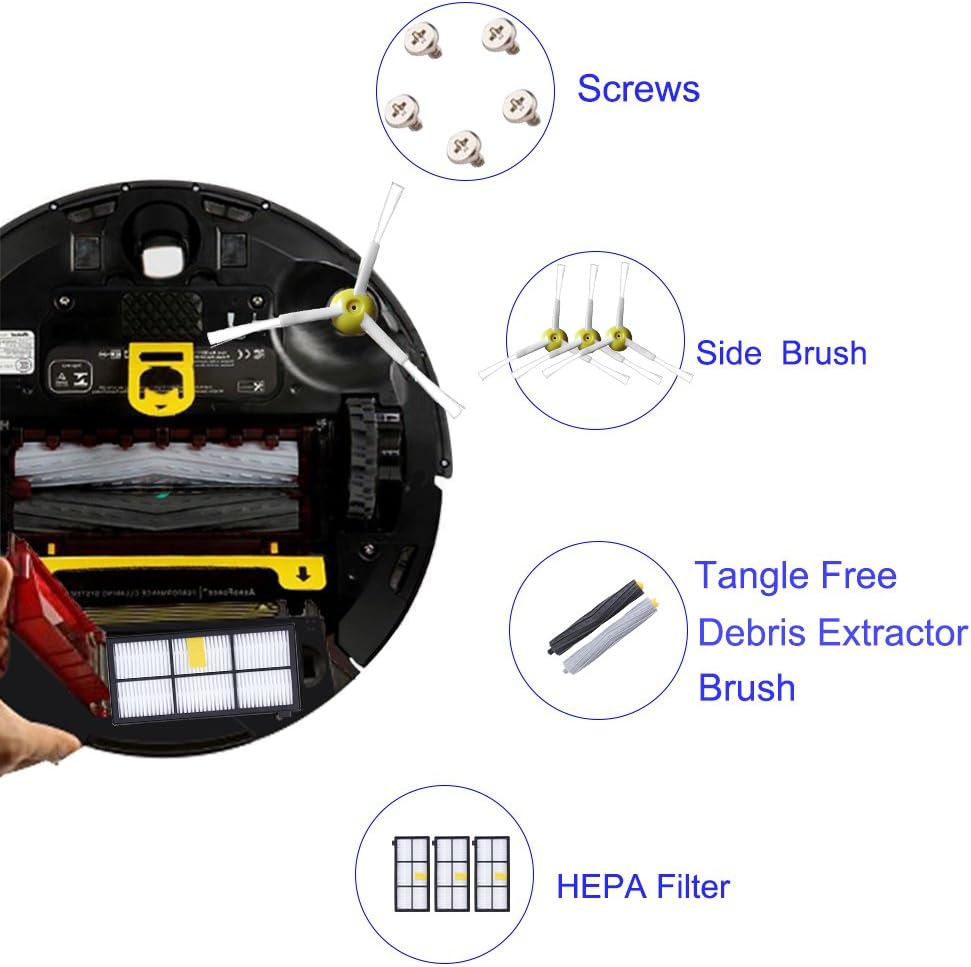 Replenishment Kit for iRobot Roomba 800 900 Series 805 860 870 871 880 890 960 980 Robotic Vacuum Cleaner Accessory, Replacement Parts with 2 Roller, 3 Hepa Filter, 3 Side Brushes and 5 Screws (13 pcs) -