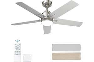 YUHAO 48 Inch Brushed Nickel Ceiling Fan with Light and Remote Control.Noiseless,Dimmable, 3CCT,6 Speeds Reversible, Modern DC Ceiling Fans for Indoor Use