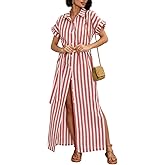 utcoco Women's 2025 Striped Short Sleeve Cotton Maxi Shirt Dress Belted Side Slit Button Down Dress with Pockets