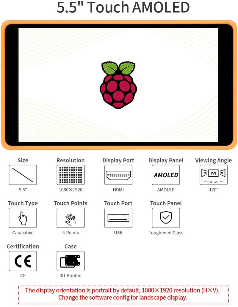 Waveshare 5.5inch Capacitive Touch HDMI AMOLED Display with Protection Case 1080×1920 Toughened Glass Panel Supports Pi 4B/3B+/3A+/3B/2B/B+/A+ - Image 3