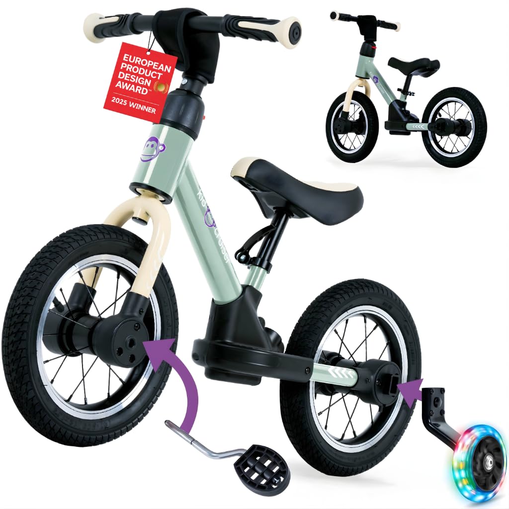 Kidcruiser Pedalplay balance bike 2+ year old, ideal for learning to ride, 3-in-1 with LED training wheels and pedals, durable modular frame, Soft Green & Black