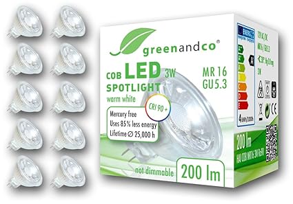 10x greenandco® CRI 90+ LED Spot ersetzt 20 Watt MR16 GU5.3 Halogenstrahler, 3W 200 Lumen 2700K warmweiß COB LED Strahler 38°