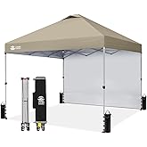 CROWN SHADES 10x10 Pop Up Canopy with 1 Side Wall - Beach Tent with One Push Setup - Outdoor Sun Shade for Events, Parties, Camping - Gazebo with STO-N-Go Cover Bag (Beige)