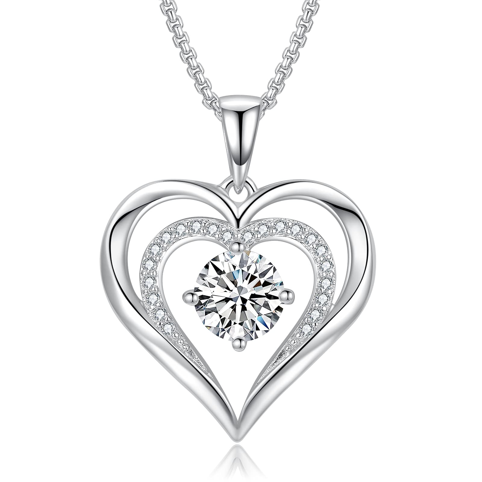 Praelinos Love Heart Birthstone Necklace for Women White Gold Plated Pendant Necklaces Silver Tone 5A Cubic Zirconia Jewelry Gifts for Mom Girlfriend Wife Her(White)