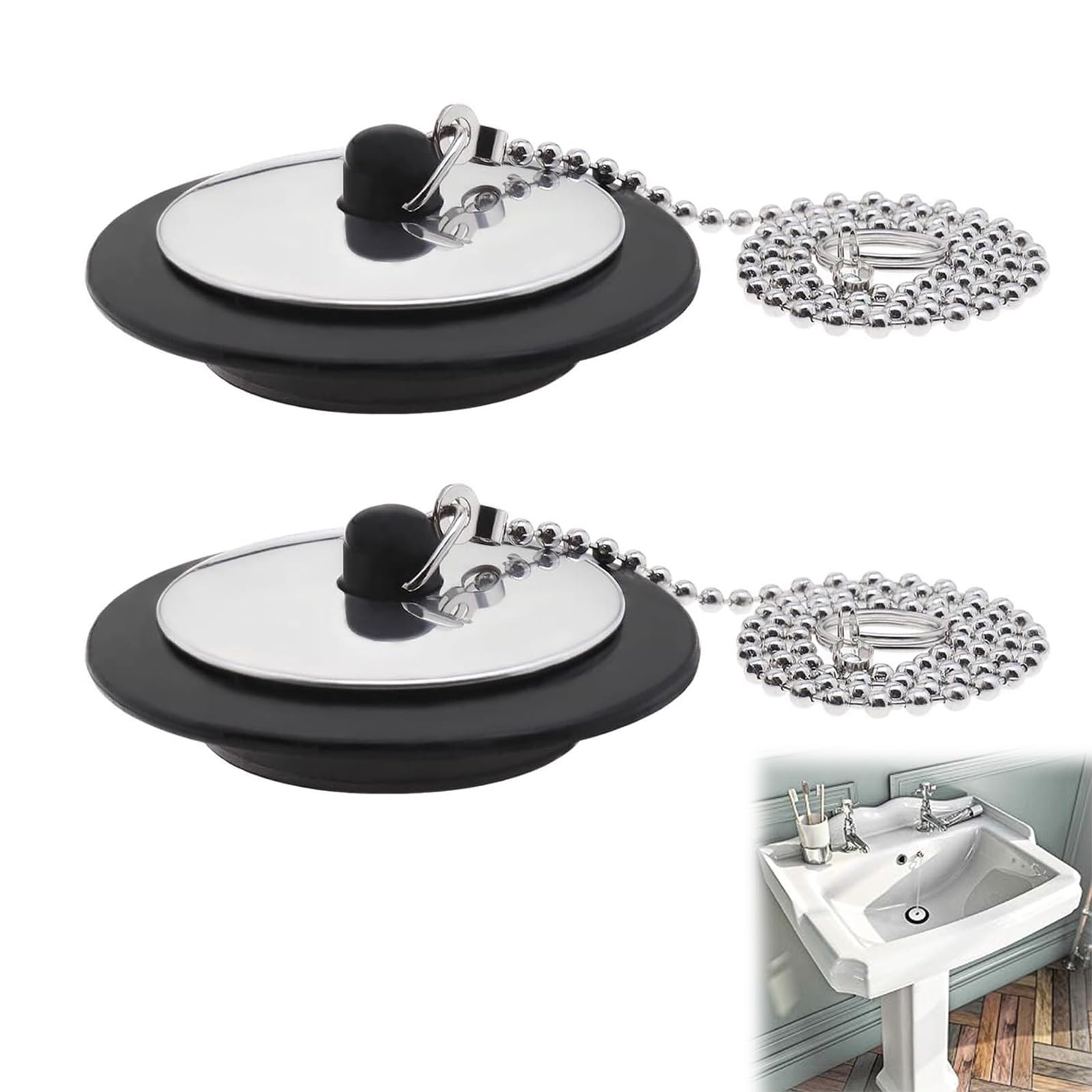 2 PCS Bath Plug Replacement, Universal Bathroom Sink Plug, Bathroom Accessory, Kitchen Sink Plug with 45cm Stainless Steel Chain and Hanging Ring for Bathtub(Size 1.65in to 1.77in, Chain 16.5in)