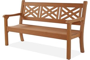 Marcytop 63''W Outdoor Bench, All-Weather Poly Lumber Garden Bench with Decorative Backrest and Curved Armrests, Anti-Rot and Fade-Free Patio Bench for Porch, Backyard, and Park, Teak Color, 3-Person